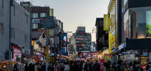 Busy shopping street in Hongdae, Seoul